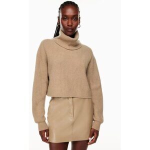 Babaton Aritzia 100% Cashmere Turtleneck Sweater XS Beige Camel Ribbed Fold Over